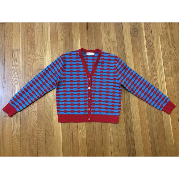 Tory Burch Bubble Stripe Cardigan Sweater Maraschino Red Candy Blue M - Picture 2 of 8
